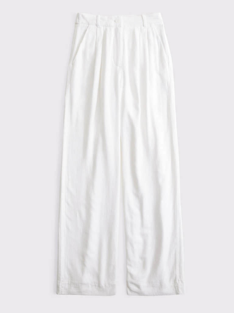 Abercrombie & Fitch Curve Love Classic White Cotton-Linen Blend Tailored Pants